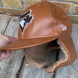 Vintage New Era Toronto Blue Jays Leather Sherpa Baseball Cat Winter Hat MLB